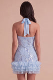 Sparkly Floral Sky Blue Halter Ruffled Short Cocktail Dress