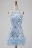 Sparkly Floral Sky Blue Halter Ruffled Short Cocktail Dress