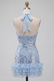 Sparkly Floral Sky Blue Halter Ruffled Short Cocktail Dress