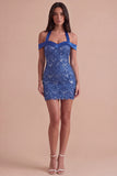 Royal Blue Sparkly Sequined Bodycon Cold Shoulder Short Cocktail Dress