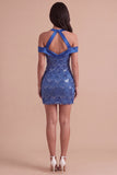 Royal Blue Sparkly Sequined Bodycon Cold Shoulder Short Cocktail Dress