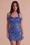 Royal Blue Sparkly Sequined Bodycon Cold Shoulder Short Cocktail Dress