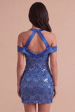 Royal Blue Sparkly Sequined Bodycon Cold Shoulder Short Cocktail Dress