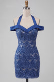 Royal Blue Sparkly Sequined Bodycon Cold Shoulder Short Cocktail Dress