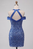 Royal Blue Sparkly Sequined Bodycon Cold Shoulder Short Cocktail Dress