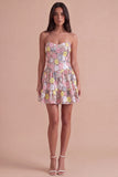 Pink Floral A Line Tiered Strapless Short Cocktail Dress