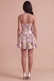 Pink Floral A Line Tiered Strapless Short Cocktail Dress