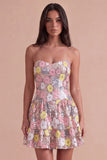 Pink Floral A Line Tiered Strapless Short Cocktail Dress