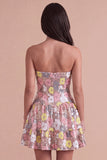 Pink Floral A Line Tiered Strapless Short Cocktail Dress