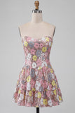 Pink Floral A Line Tiered Strapless Short Cocktail Dress