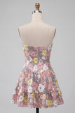 Pink Floral A Line Tiered Strapless Short Cocktail Dress
