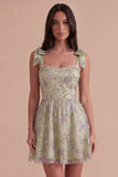 Sparkly Beaded A Line Dusty Sage Floral Short Cocktail Dress