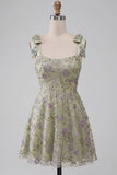 Sparkly Beaded A Line Dusty Sage Floral Short Cocktail Dress
