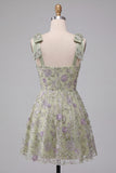 Sparkly Beaded A Line Dusty Sage Floral Short Cocktail Dress