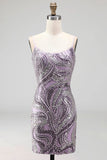 Spaghetti Straps Floral Bodycon Short Lilac Cocktail Dress