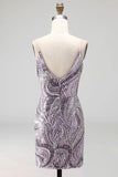 Spaghetti Straps Floral Bodycon Short Lilac Cocktail Dress