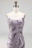 Spaghetti Straps Floral Bodycon Short Lilac Cocktail Dress