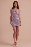 Spaghetti Straps Floral Bodycon Short Lilac Cocktail Dress
