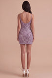 Spaghetti Straps Floral Bodycon Short Lilac Cocktail Dress