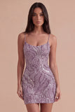 Spaghetti Straps Floral Bodycon Short Lilac Cocktail Dress
