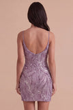 Spaghetti Straps Floral Bodycon Short Lilac Cocktail Dress