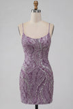 Spaghetti Straps Floral Bodycon Short Lilac Cocktail Dress