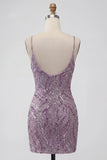 Spaghetti Straps Floral Bodycon Short Lilac Cocktail Dress