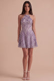 Lilac Floral A Line Halter Neck Short Cocktail Dress
