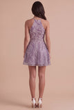 Lilac Floral A Line Halter Neck Short Cocktail Dress