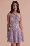 Lilac Floral A Line Halter Neck Short Cocktail Dress