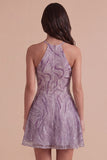 Lilac Floral A Line Halter Neck Short Cocktail Dress