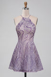 Lilac Floral A Line Halter Neck Short Cocktail Dress