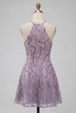 Lilac Floral A Line Halter Neck Short Cocktail Dress
