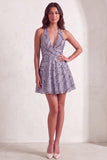 Floral Lilac Sparkly Halter Neck A Line Short Cocktail Dress