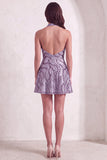 Floral Lilac Sparkly Halter Neck A Line Short Cocktail Dress