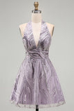 Floral Lilac Sparkly Halter Neck A Line Short Cocktail Dress