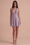 Floral Lilac Sparkly Halter Neck A Line Short Cocktail Dress