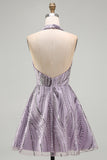 Floral Lilac Sparkly Halter Neck A Line Short Cocktail Dress