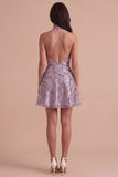 Floral Lilac Sparkly Halter Neck A Line Short Cocktail Dress