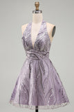 Floral Lilac Sparkly Halter Neck A Line Short Cocktail Dress