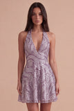 Floral Lilac Sparkly Halter Neck A Line Short Cocktail Dress