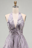 Floral Lilac Sparkly Halter Neck A Line Short Cocktail Dress