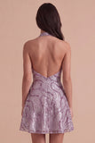 Floral Lilac Sparkly Halter Neck A Line Short Cocktail Dress