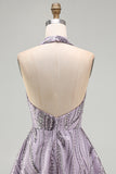 Floral Lilac Sparkly Halter Neck A Line Short Cocktail Dress
