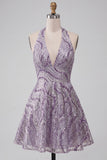 Floral Lilac Sparkly Halter Neck A Line Short Cocktail Dress