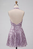 Floral Lilac Sparkly Halter Neck A Line Short Cocktail Dress