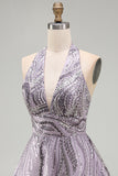 Floral Lilac Sparkly Halter Neck A Line Short Cocktail Dress