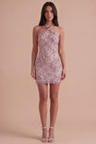 Bodycon Fog Floral Halter Neck Short Cocktail Dress