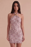 Bodycon Fog Floral Halter Neck Short Cocktail Dress