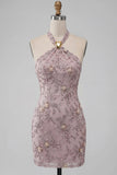 Bodycon Fog Floral Halter Neck Short Cocktail Dress